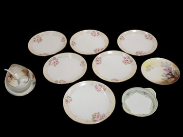 Nippon Porcelain; Set of Six Painted Porcelain Plates with Rose Blossoms and a Coordinating
