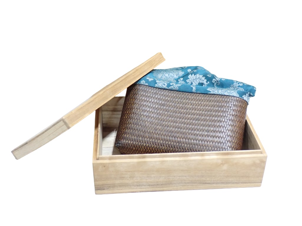 Japanese Woven Bamboo and Cloth Drawstring Handbag Purse, with Wood Case 8" x 8": Japanese woven bamboo and cloth drawstring handbag purse, with wood case