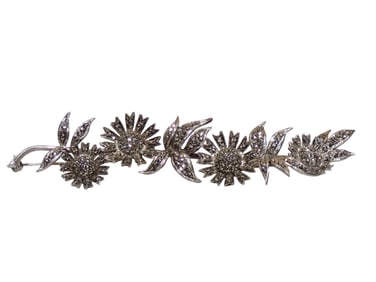 German Sterling Silver and Marcasite Flower Brooch. Four Articulated Marcasite Studded Flower and
