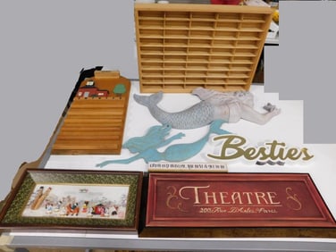 Decor Lot etc. including Mermaid Wall hangings, Wooden Calendar, Framed Art, Wooden Display Shelf