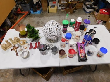 A bunch of stuff including Ball Lamp, Water bottles including vintage Dairy Queen, A&W Peanuts, Deco