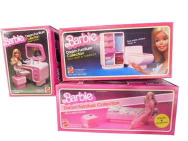Mattel Barbie Lot including Dream Furniture Collection - Vanity & Seat, Bath Chest & Commode, Bed