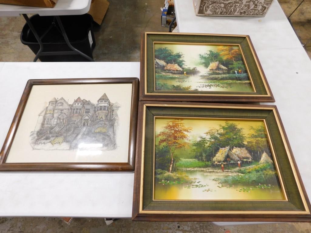 3 Framed Paintings / Prints including Pencil Signed S. Ader Print, and 2 Suchart Signed Oil Painting (1 of 8)