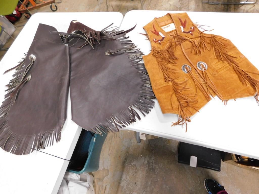 Western attire Lot including Leather Chaps and Beaded Fringe Scully Vest: Western attire Lot including Leather Chaps and Beaded Fringe Scully Vest - an original by Elizabeth Munson and Chambers by Arturo All pictures are considered part of the description and should b