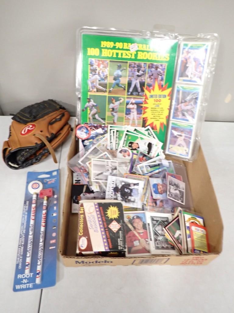 Sports Lot including assorted baseball cards, Glove / Mitt, Chicago Cubs Pencils, etc. (1 of 6)