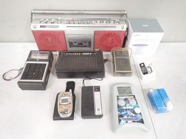 Vintage Electronics Lot including Transistor Radios, Old Tape Player Boom Box, Handheld LCD game, et