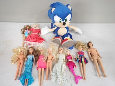 Toy Lot including Plush Sonic the Hedgehog, Barbie and Other dolls