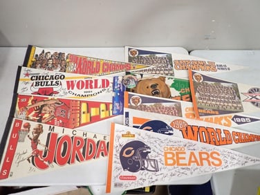 Lot of Chicago Bears and Bulls Pennants includes Superbowl, Michael Jordan, World Champions, etc.