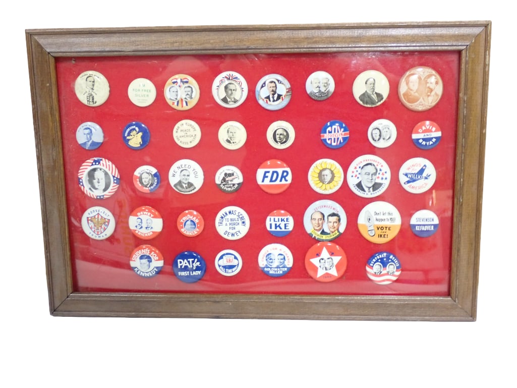 Lot of Political Buttons in a Display Frame 1970s: Lot of Political Buttons in a Display Frame 1970s All pictures are considered part of the description and should be examined carefully by bidders. Live Auctioneers is now offering Live Shipping throug