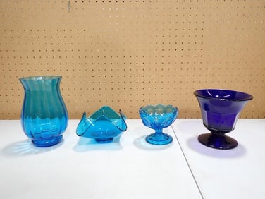 Blue Glass Lot incl MCM Blue Glass Handkerchief Vase or Bowl, Cobalt Blue Glass Footed Dish, etc