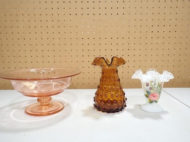 Glass Lot incl Fenton Silver Crest Handpainted Vase, Pink Depression Glass Footed Bowl, Amber Hobnai
