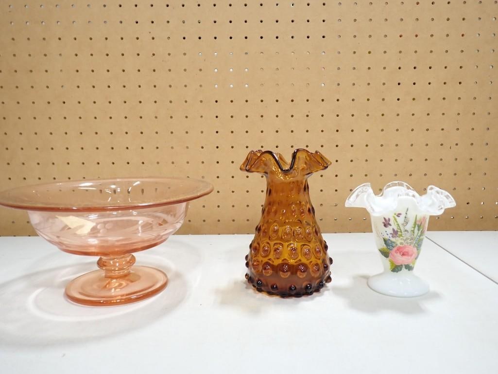 Glass Lot incl Fenton Silver Crest Handpainted Vase, Pink Depression Glass Footed Bowl, Amber Hobnai (1 of 7)