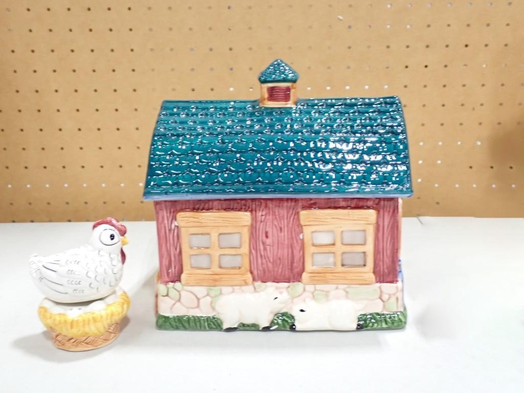Ceramic Barn Cookie Jar with Ceramic Chicken on Nest Salt and Pepper Shakers New in Box (1 of 15)