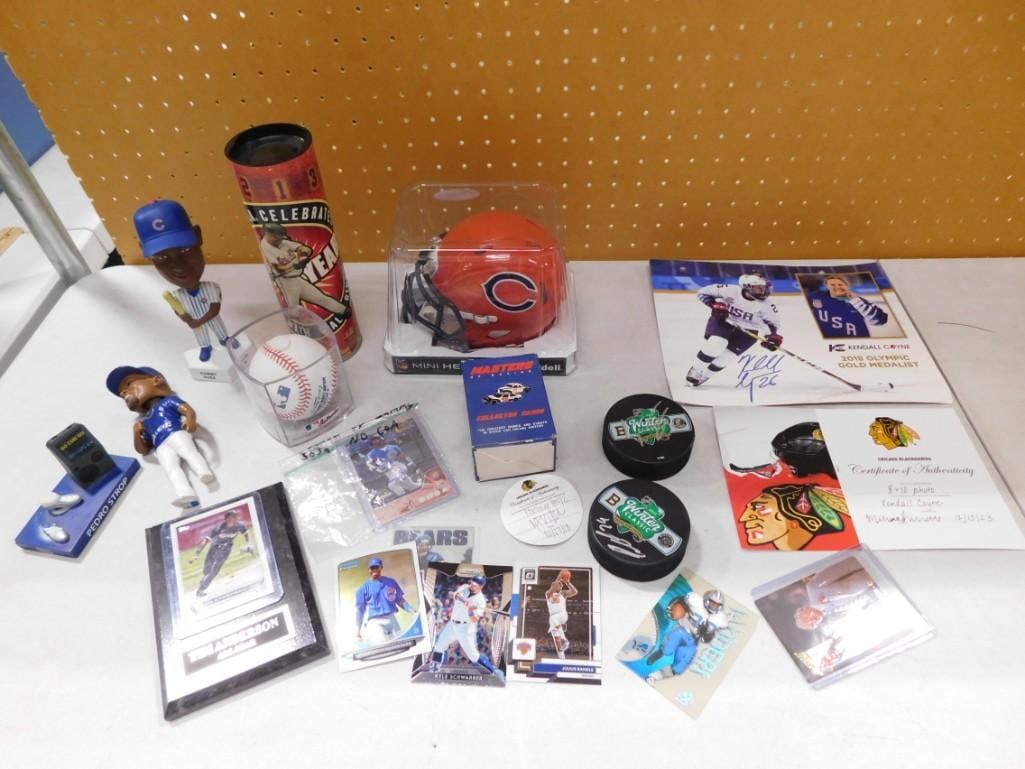 Sports lot including Sammy Sosa Autograph card, Bobble Heads, Autographed Hockey Pucks, Chicago Bear (1 of 8)