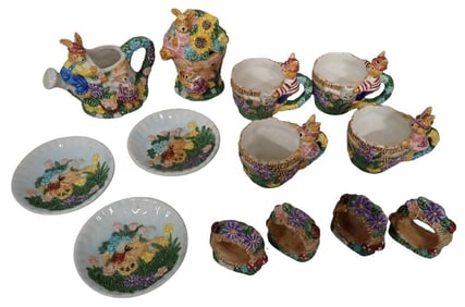Lot of Mercuries Ceramic Bunny Rabbit Easter Cups, Napkin Rings, Plates, Creamer, Sugar