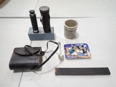 Misc. Lot including Vintage Binoculars, Otoscope, Buttons, 1982 Knoxville World's Fair Tray, etc.
