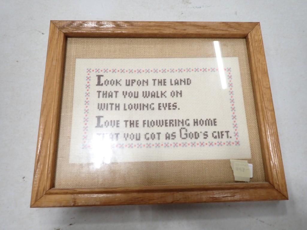 Vintage Framed 11x9" Needle Point - look upon the land that you walk on with loving eyes: Vintage Framed 11x9" Needle Point - look upon the land that you walk on with loving eyes... All pictures are considered part of the description and should be examined carefully by bidders. Live Au