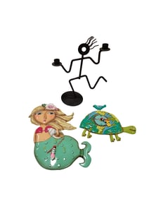 Allen Designs Turtle Clock and Mermaid Wall Hanging and a Metal Dancing Man Candlestick Holder