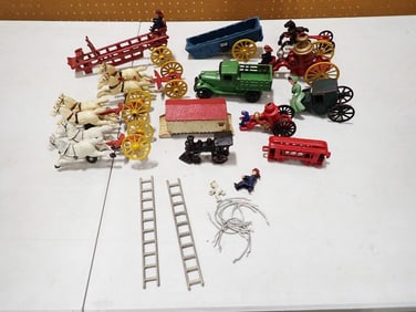Cast Iron Toys incl FireEngine, Horses and Carts, Locomotive, Train Car, Green Truck, People, etc