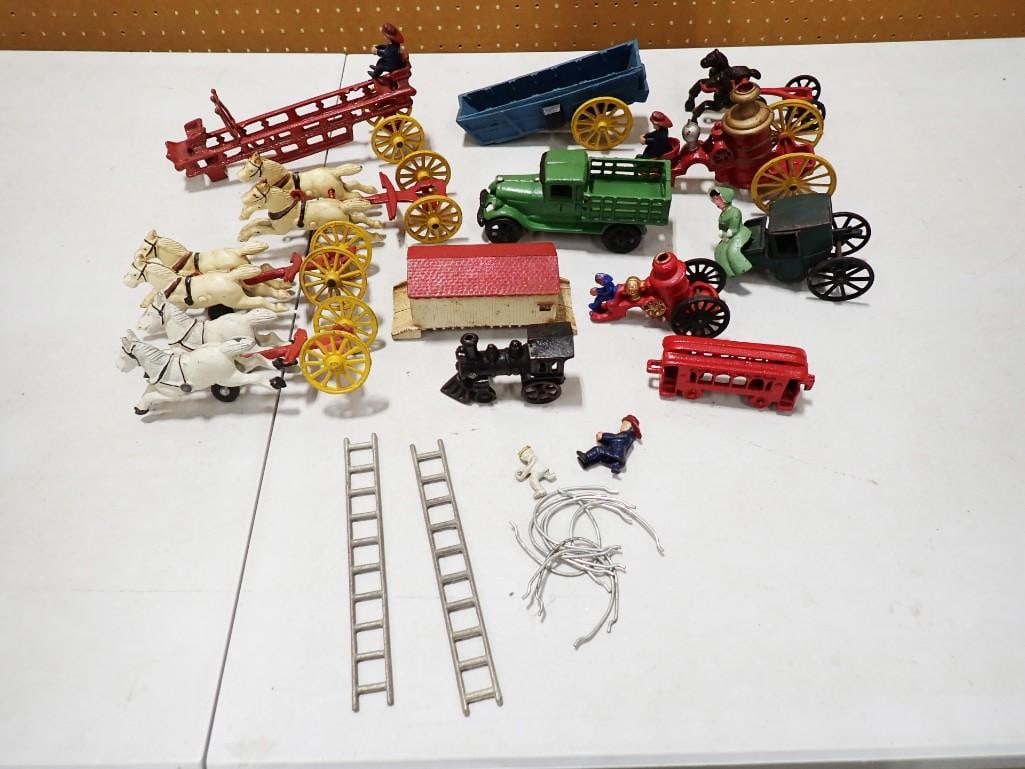 Cast Iron Toys incl FireEngine, Horses and Carts, Locomotive, Train Car, Green Truck, People, etc (1 of 7)