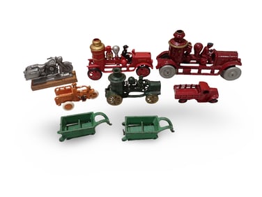 Lot of Cast Iron Toys and a Limited Edition Model Motorcycle, Harley Davidson Cast Iron Crash Car Mo