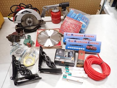 Tool / Hardware Lot etc. Including Circular Saw, Car Rearview Cameras, Vices, Sandblaster Gun,
