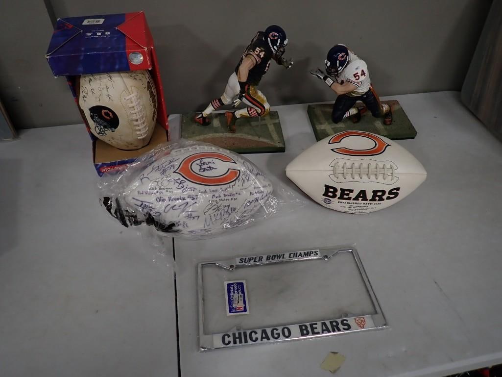 Chicago Bears Lot including Brian Urlacher Figurines, Footballs, License Plate Cover: Chicago Bears Lot including Brian Urlacher Figurines, Footballs, License Plate Cover. Footballs have signatures - no COAs All pictures are considered part of the description and should be examin