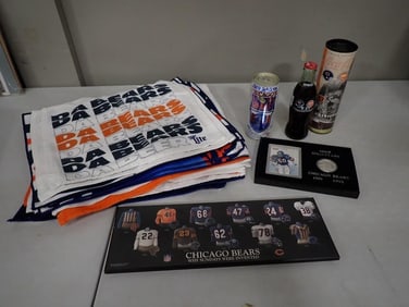 Chicago Bears Lot including Towels, Bottles - Coca Cola, Mike Singletary Plaque with Coin, Uniform P