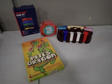 Resistance Band Set New in Box, Vintage Poker Chip Set, Pete's Dragon Colorforms Set, Boom Crash