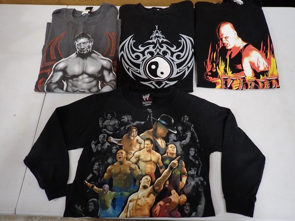 4 WWE Wrestling Shirts incl Batista, Rob Van Dam, Kane Fear the Flame,: 4 WWE Wrestling Shirts incl Batista, Rob Van Dam, Kane Fear the Flame, etc. Includes 3 Adult and 1 Kids Size All pictures are considered part of the description and should be examined carefully 