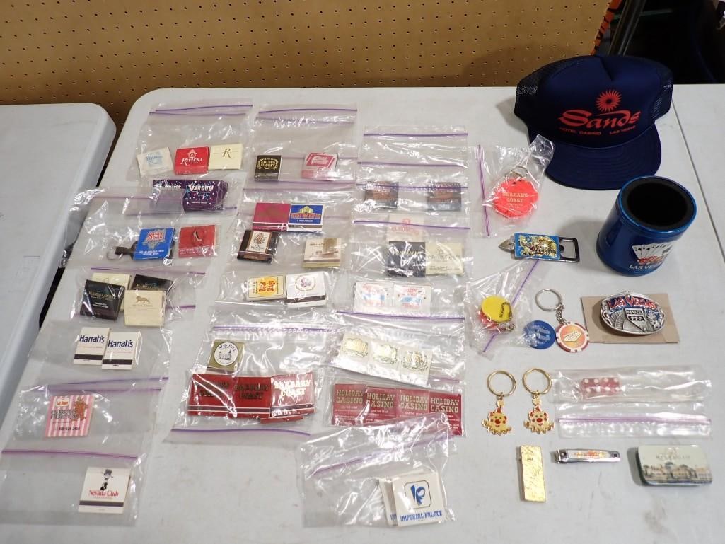 Las Vegas Lot including Sands Baseball Hat, many matchbooks including hotels that no longer exist, k: Las Vegas Lot including Sands Baseball Hat, many matchbooks including hotels that no longer exist, key chains, Mug, Belt Buckle, nail clipper, etc. All pictures are considered part of the description 