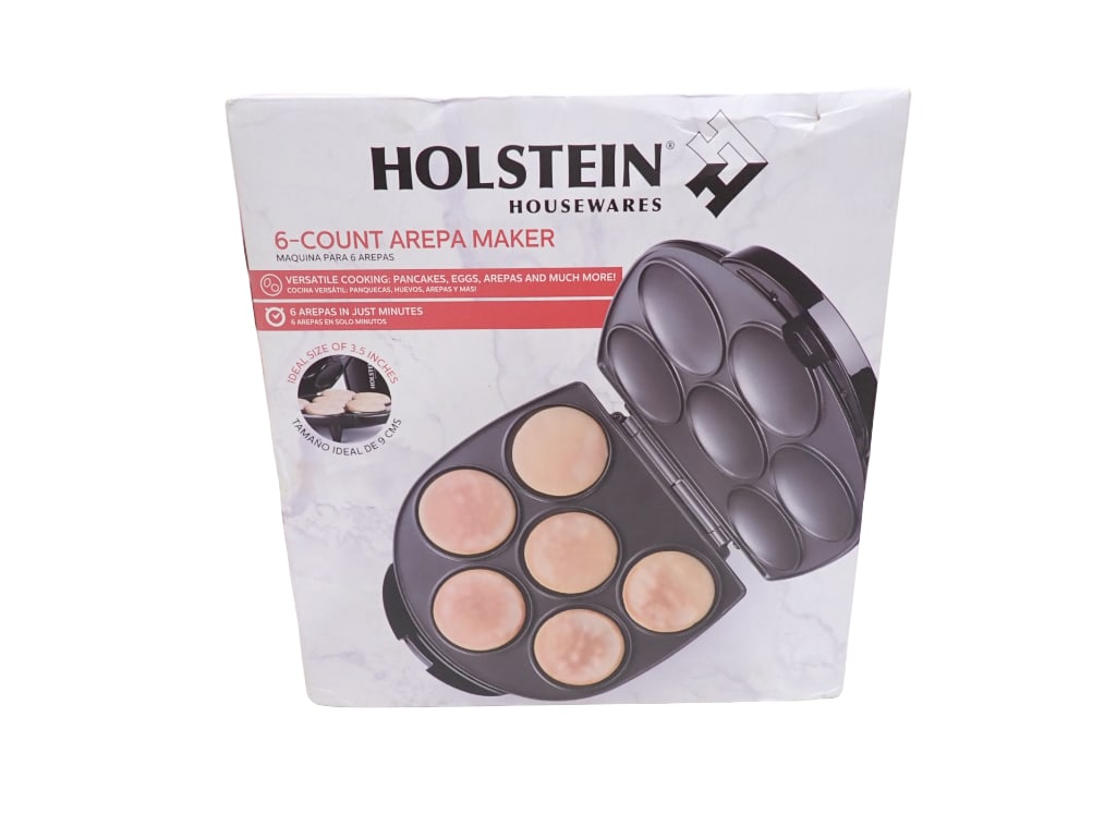 Holstein Housewares 6 Arepa Maker New in Box: Holstein Housewares 6 Arepa Maker New in Box Box measures 12"x6"x13" All pictures are considered part of the description and should be examined carefully by bidders. Live Auctioneers is no