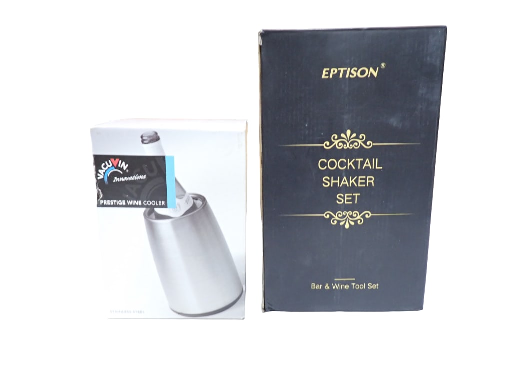 Vacuvin Prestige Wine Cooler and Eptison Cocktail Shaker Set Both New in Box: Vacuvin Prestige Wine Cooler and Eptison Cocktail Shaker Set Both New in Box Larger box measures 8"x5"x12" All pictures are considered part of the description and should be examined carefu
