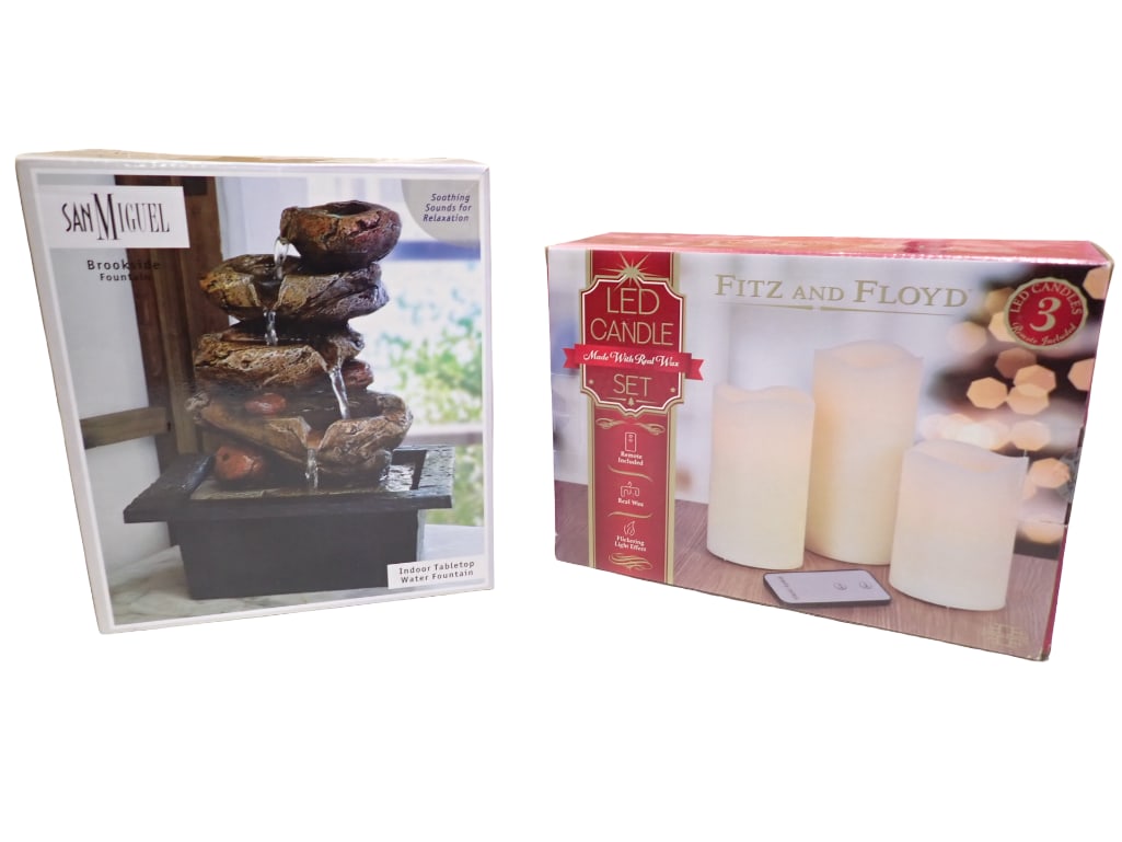 Fitz and Floyd LED Candle Set and San Miguel Indoor Tabletop Fountain Both New in Box: Fitz and Floyd LED Candle Set and San Miguel Indoor Tabletop Fountain Both New in Box Larger box measure 9"x8"x10" All pictures are considered part of the description and should be examin
