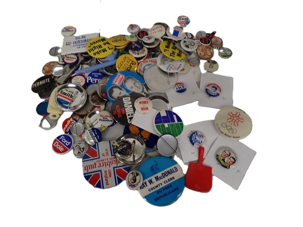 Lot of assorted Political and other Buttons - Nixon, Ford, Olympics, Goldwater, Agnew, etc.: Lot of assorted Political and other Buttons - Nixon, Ford, Olympics, Goldwater, Agnew, etc. All pictures are considered part of the description and should be examined carefully by bidders. Live Auctio