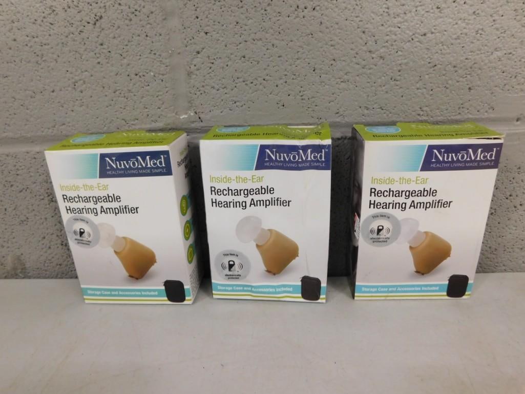 3 NuvoMed Rechargeable Hearing Amplifiers New in Damaged Boxes: 3 NuvoMed Rechargeable Hearing Amplifiers New in Damaged Boxes All pictures are considered part of the description and should be examined carefully by bidders. Live Auctioneers is now offering Live Sh