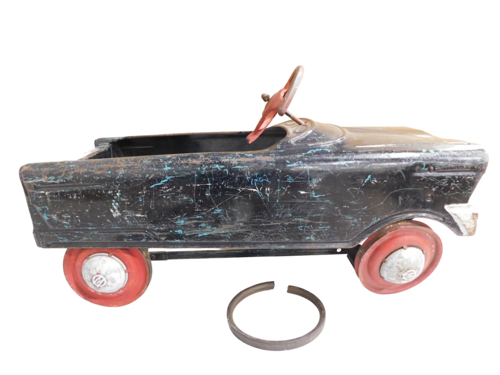 Vintage Pedal Car: Vintage Pedal Car Condition: rough, has scratches, dings, dents, rust, 1 tire is off and split, but is included, etc. Would make a good TLC restoration project. All pictures are cons