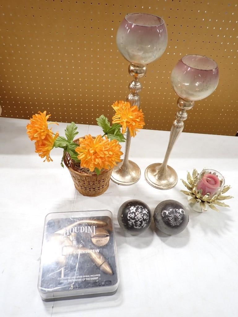 Home Decor Lot incl Candle Holders, Houdini Corkscrew, Etc: Home Decor Lot incl Candle Holders, Houdini Corkscrew, Etc All pictures are considered part of the description and should be examined carefully by bidders. Live Auctioneers is now offering Live Shippi