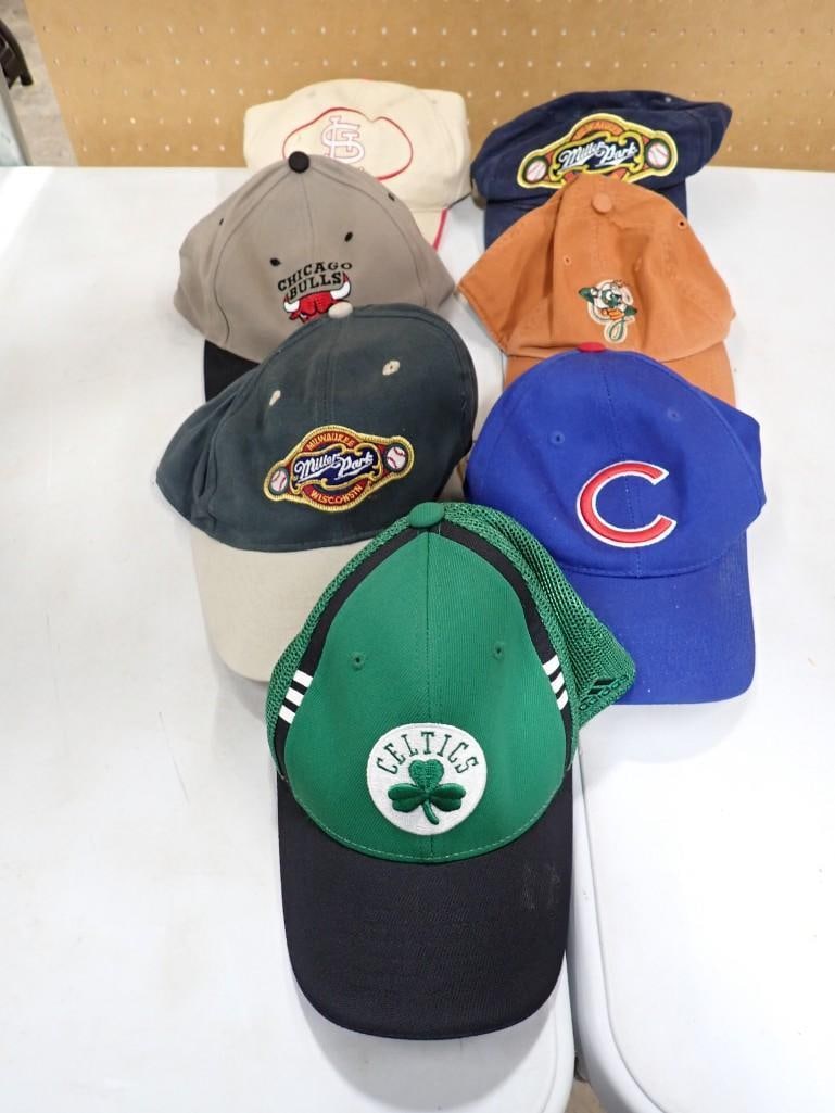 7 Baseball Caps incl Miller Park, Chicago Cubs, Celtics, Chicago Bulls, etc: 7 Baseball Caps incl Miller Park, Chicago Cubs, Celtics, Chicago Bulls, Greensboro Grasshoppers, St. Louis Cardinals All pictures are considered part of the description and should be examined carefull