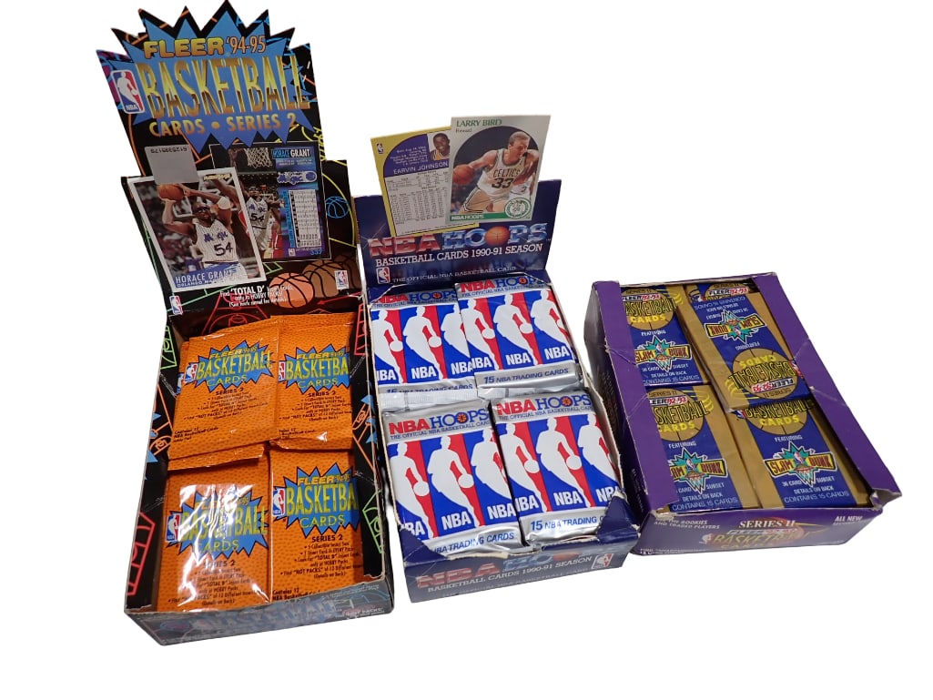 Factory Sealed Packs of Basketball Cards in 3 Store Displays incl NBA Hoops 90-91, Fleer 92-93, Flee (1 of 4)