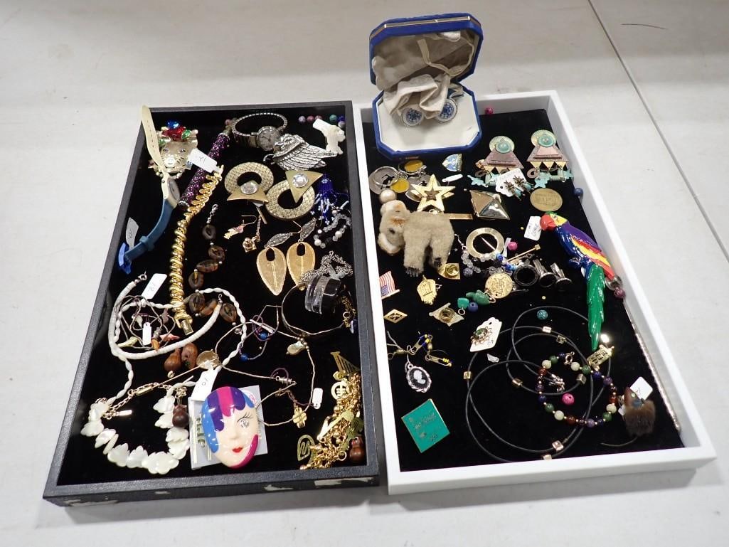 Lot of Costume Jewelry incl Pins, Brooches, Earrings, Cameo, Bracelets, Watches, Etc: Lot of Costume Jewelry incl Pins, Brooches, Earrings, Cameo, Bracelets, Watch, Etc. Watches are untested. NOTE: Trays are not included. All pictures are considered part of the description 