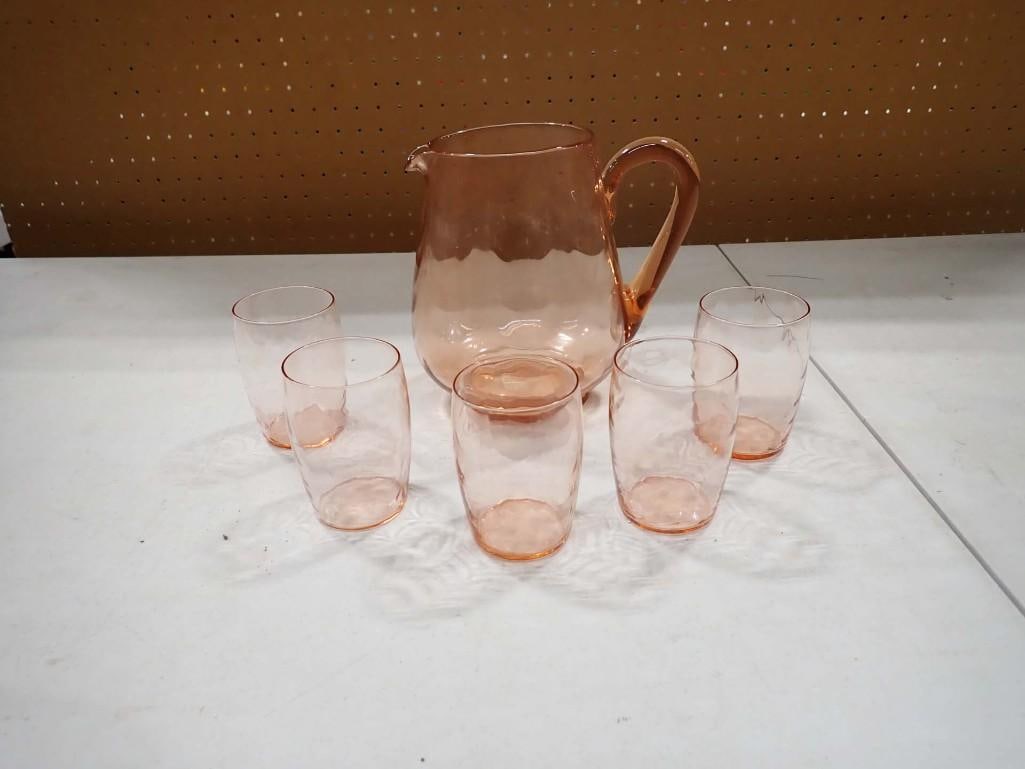 Vintage Pink Glass Pitcher and 5 Pink Tumblers or Drinking Glasses (1 of 3)