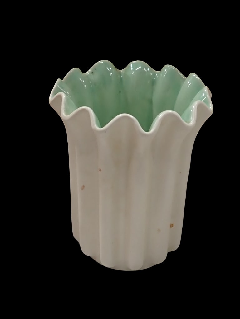 Midcentury Red Wing Pottery 1169 Mint Green and White Ruffled Edge Vase (1 of 5)