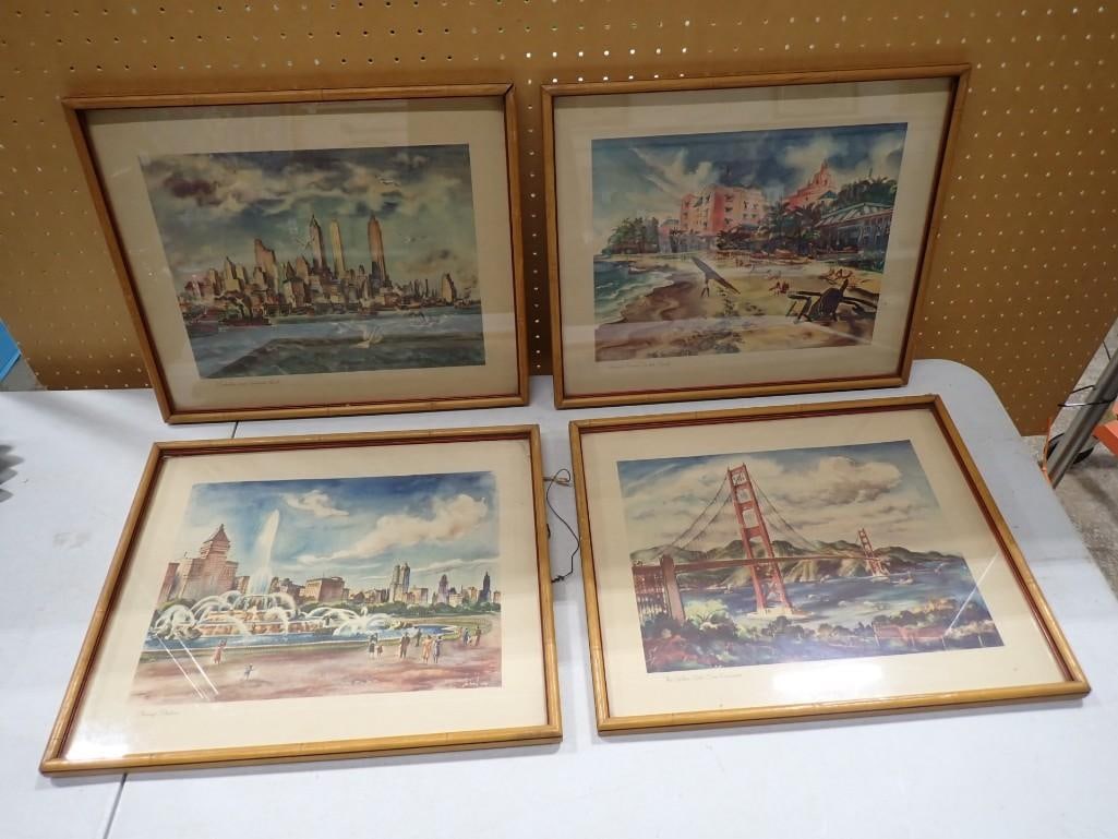 4 Framed Prints incl The Chicago Skyline with Buckingham Fountain, Manhattan, Waikiki Beach, (1 of 6)
