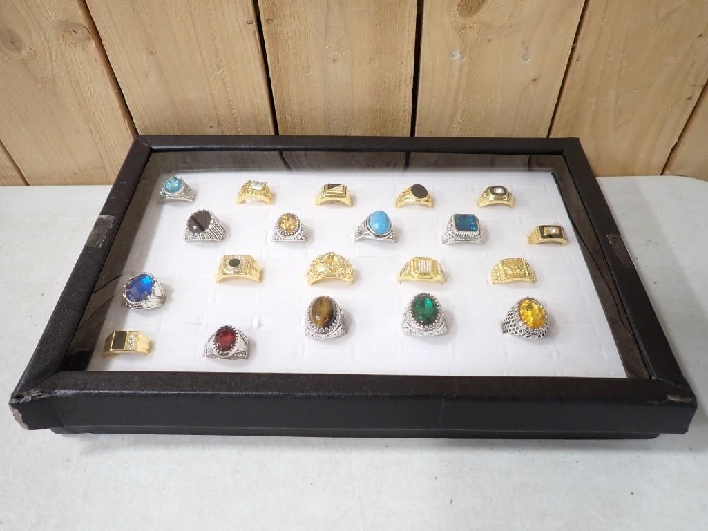 20 Asst Costume Jewelry Rings: Lot of 20 Asst Costume Jewelry Rings. NOTE: Display case is not included. All pictures are considered part of the description and should be examined carefully by bidders. Live Aucti