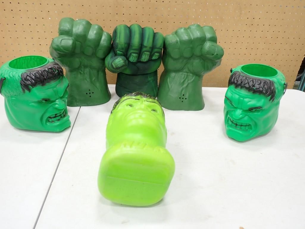 The Incredible Hulk Lot including Blow Mold Halloween Candy Baskets, Novelty Fists: The Incredible Hulk Lot including Blow Mold Halloween Candy Baskets, Novelty Fists All pictures are considered part of the description and should be examined carefully by bidders. Live Auctioneers is 