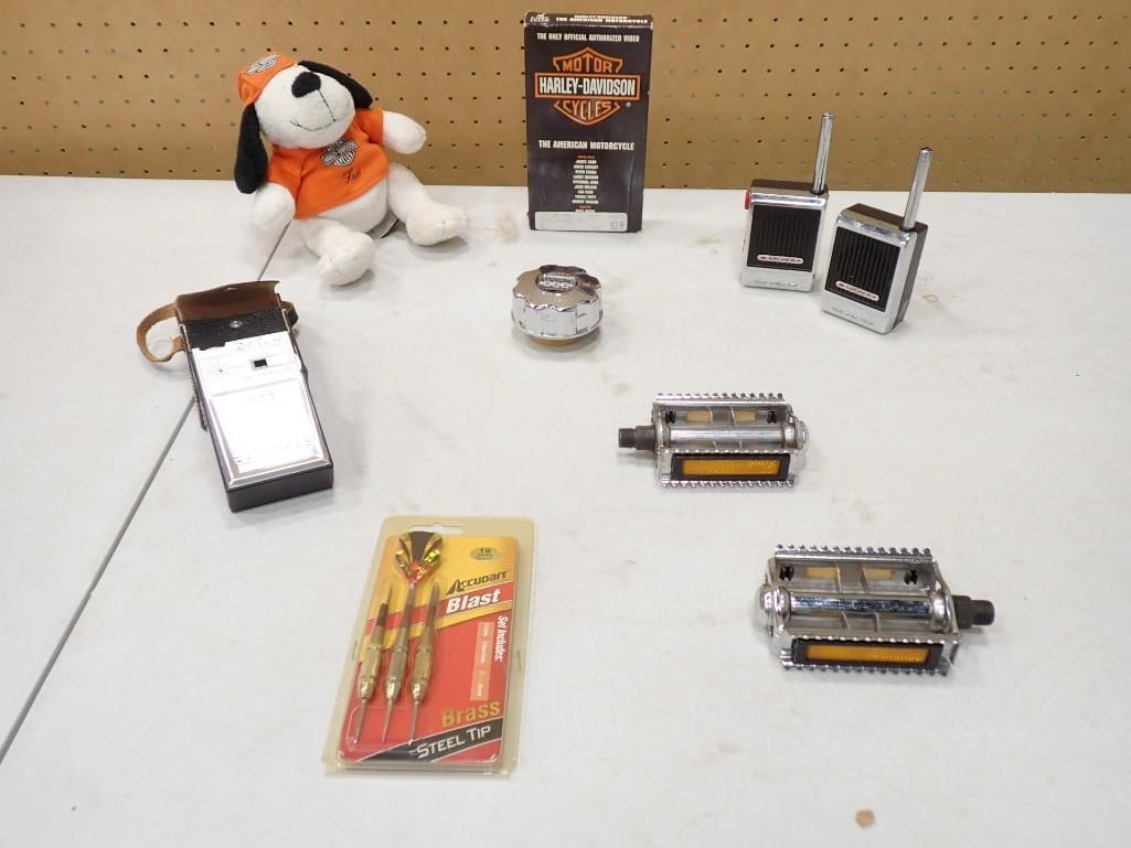Misc. Lot including Harley Davidson Video, Plush, Deluxe Vintage Transistor Radio, Bike Peddles, Dar (1 of 9)