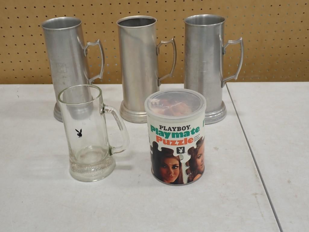 Playboy Lot including Glass and Metal Beer Steins, Vintage Playmate Jigsaw Puzzle (1 of 5)