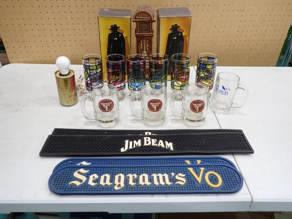 Bar lot including Michelob Vintage Light, PBR, High Life, Schlitz, Drewry's Glasses, Decanters, Mats (1 of 9)