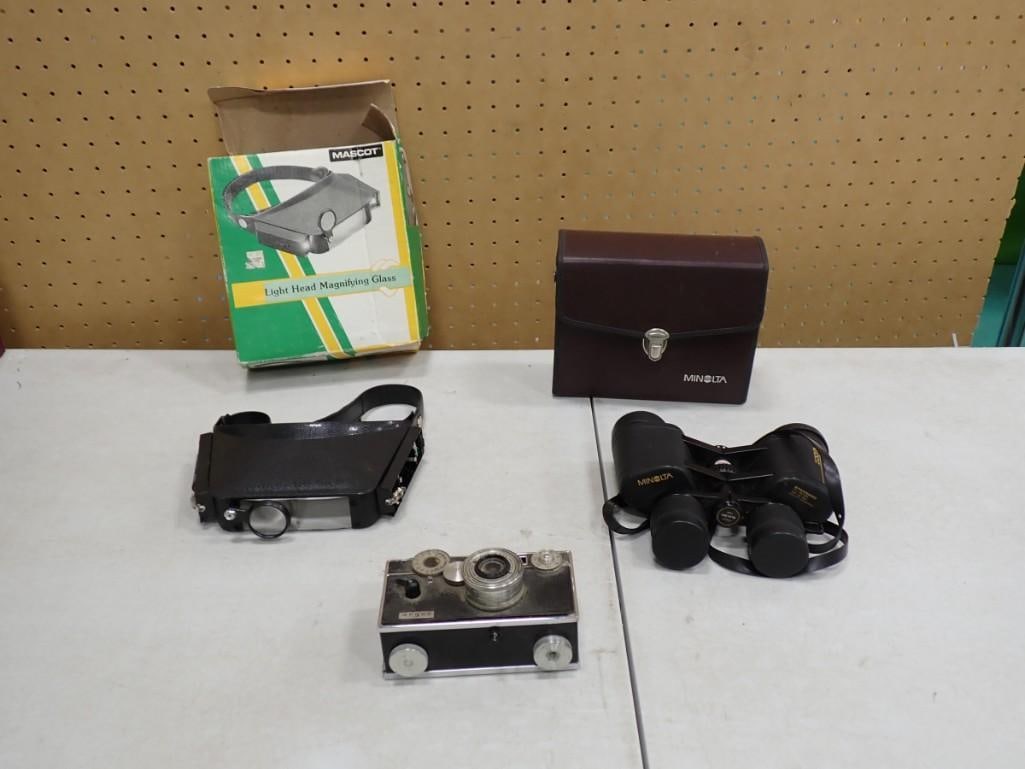 Vintage Camera / Binocular / Lens Lot including Minolta, Mascot Light Head Magnifying Glass, Argus (1 of 6)